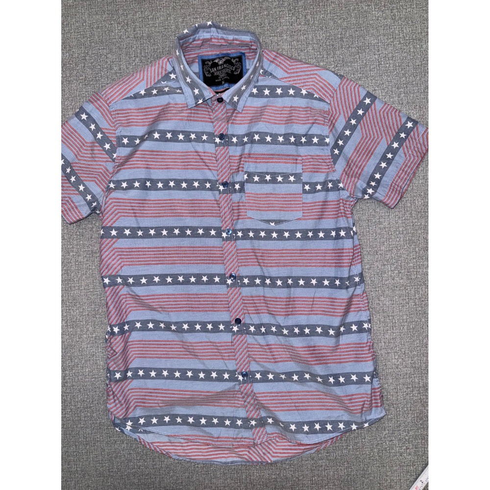 San Francisco Work Shirts Mens Medium M Slim Fit Stars Stripes SS Americana